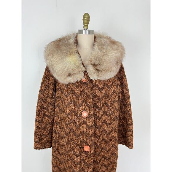 True Vintage Rare 60s 70s Penny Lane Coat Jacket Large Fur Collar Boho Knit - Picture 2 of 16